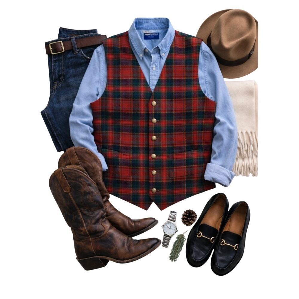 Men’s 42 Pendleton Tartan Plaid Wool Vest Red Lined Heritage Preppy